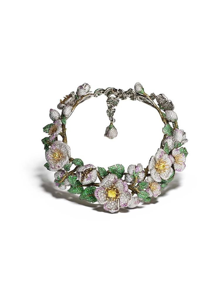 Giampiero Bodino Primavera necklace in white gold featuring emeralds, amethysts, diamonds and black spinels. Image by: Laziz Hamani